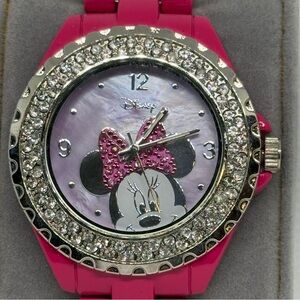 Disney Fuchsia Enamel Band Minnie Mouse  Watch w/ Faux Diamonds-NWT
